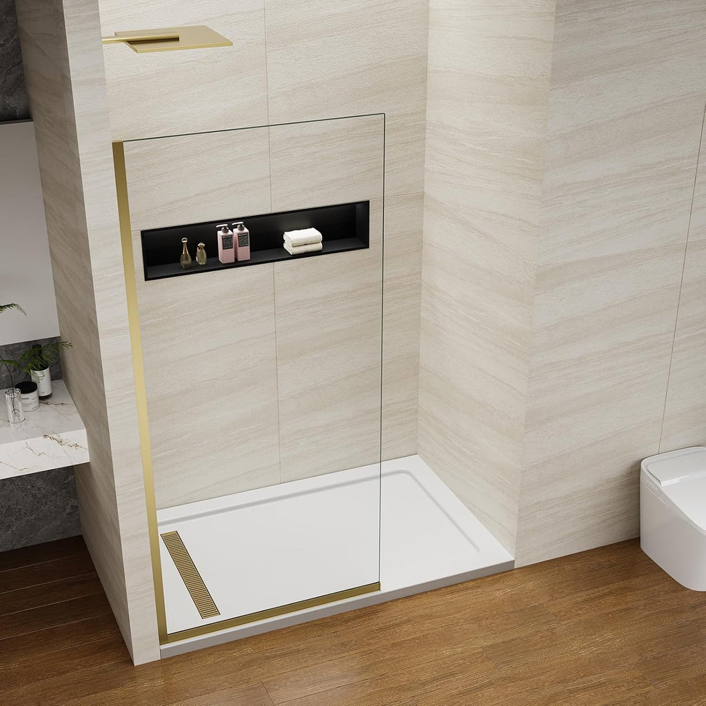 Shower Screen 36' x 76' Half Frameless Shower Wall Panel, Tempered Glass 3/8 inch, Easy to clean Coating, Fixed Glass Shower Door with Hardware (Brushed Gold)