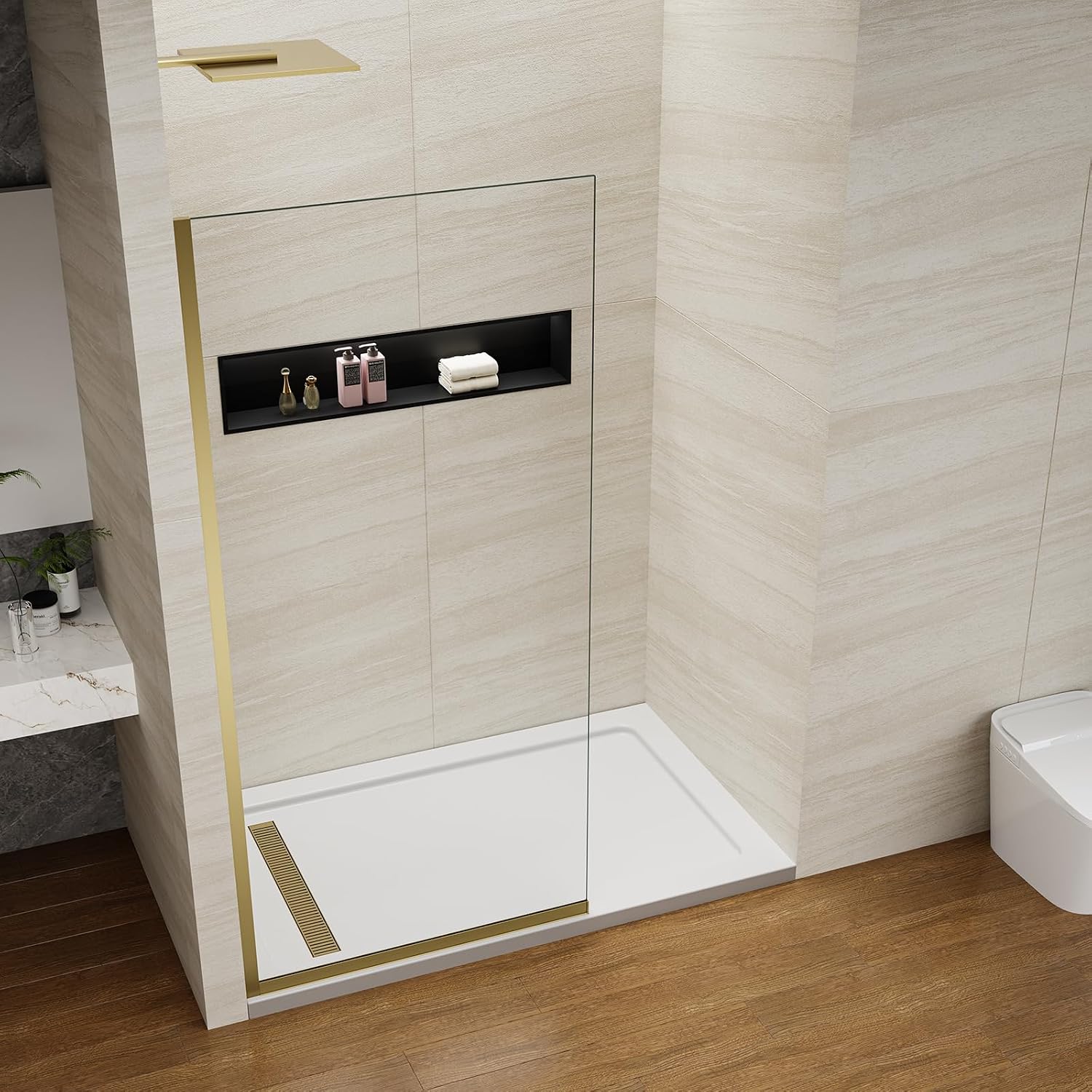 Shower Screen 36' x 76' Half Frameless Shower Wall Panel, Tempered Glass 3/8 inch, Easy to clean Coating, Fixed Glass Shower Door with Hardware (Brushed Gold)