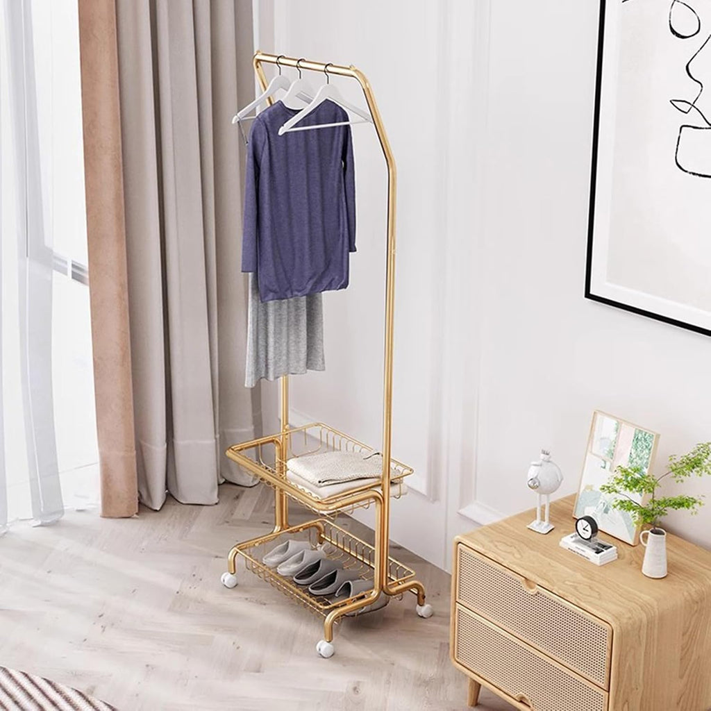 Heavy duty Garment rack 2-in-1 Clothing Rack With Hanging Rod And 2 Storage Basket, Heavy Duty Metal Clothes Organizer With Wheels, Freestanding Coat Rack For Entrance And Bedroom, 52x41x170CM (Gold
