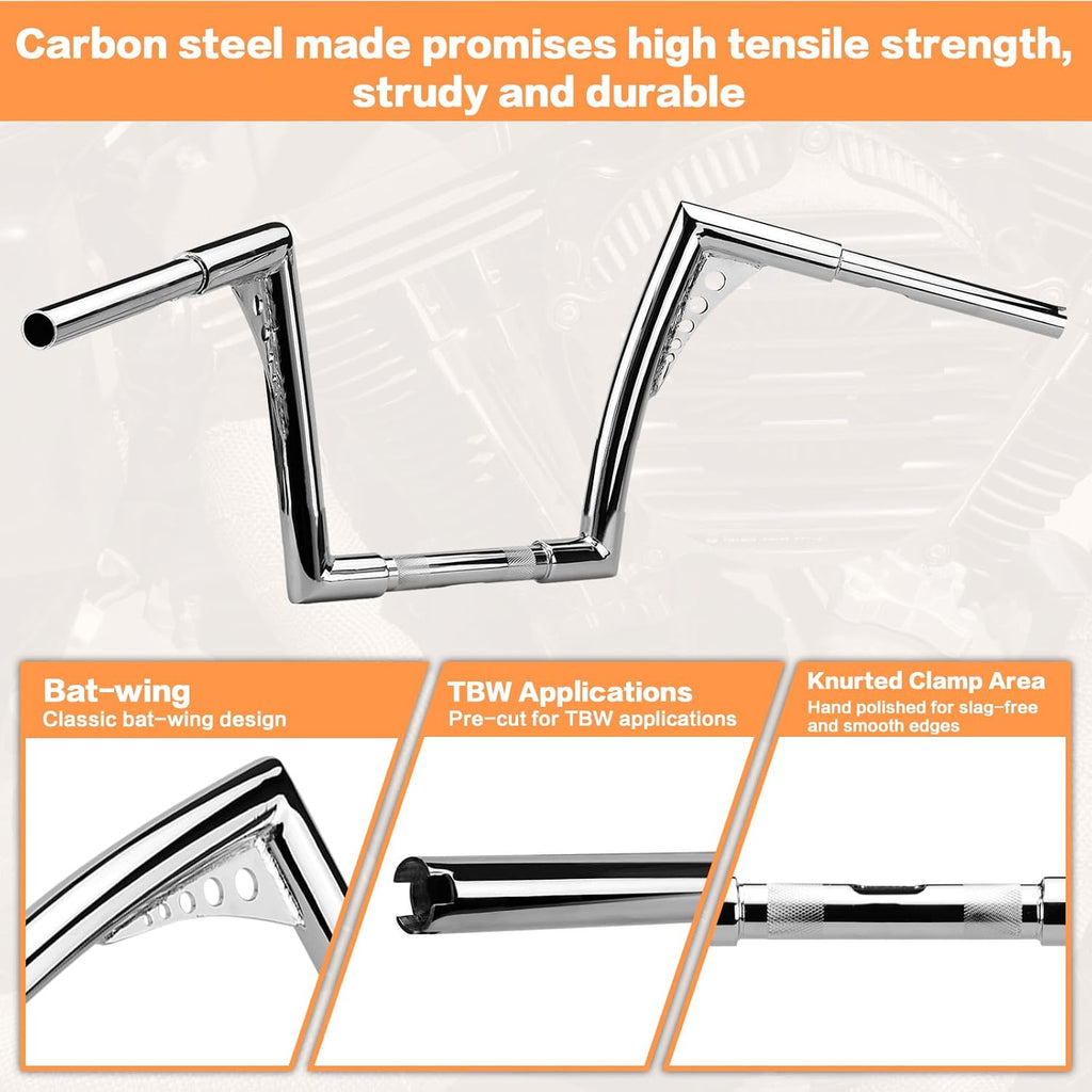 12' Rise Handlebar Ape Bar 1-1/4' Motorcycle Handle Bar Replacement for Harley Davidson Sportster 1984-2022 Road King 1994-2022 Road Glide 1998-2013 Softail 1984-2024 Dyna 1993-2017, Chrome