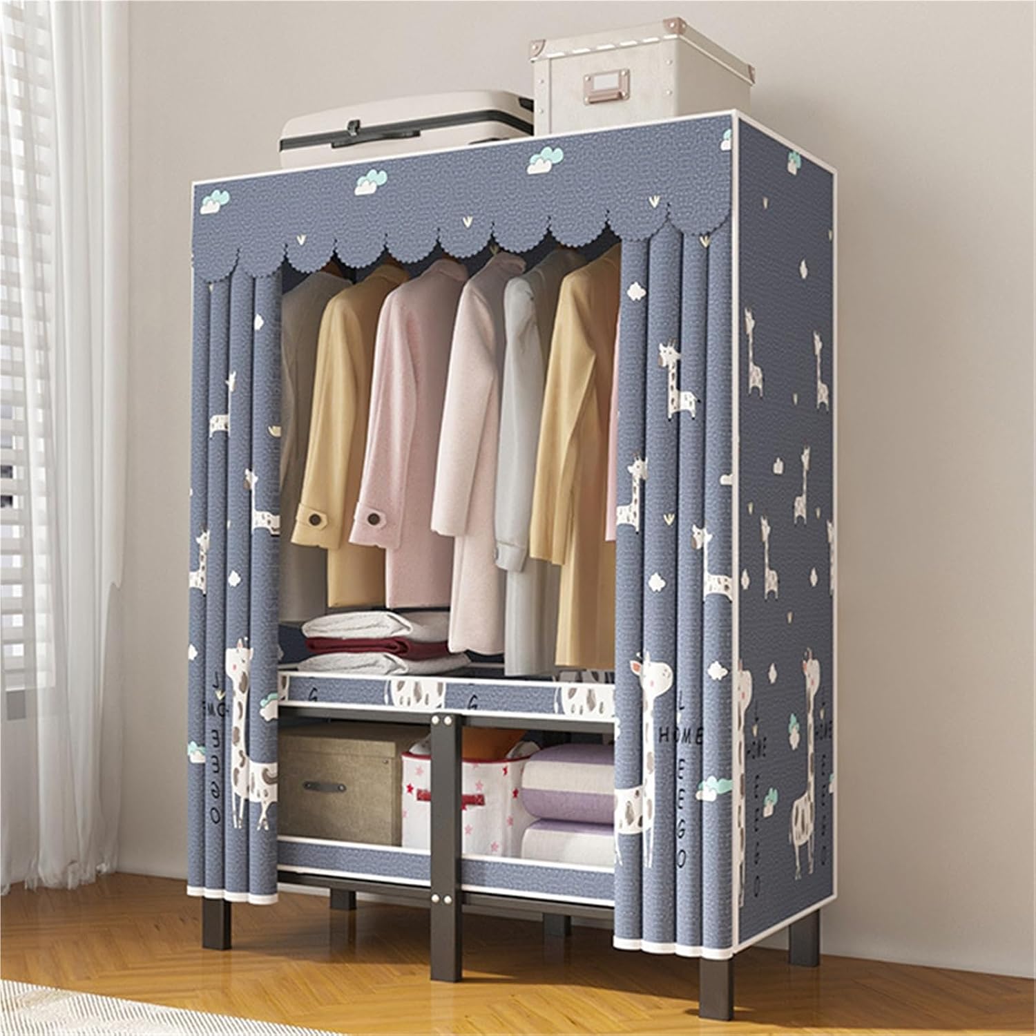 Folding Fabric Wardrobe With Metal Frame, Portable Wardrobes Closet Rack 1100lbs Heavy-Duty Foldable Garment Rack,For Bedroom, Dorm, Apartment, Space Saving Wardrobe(100CM)