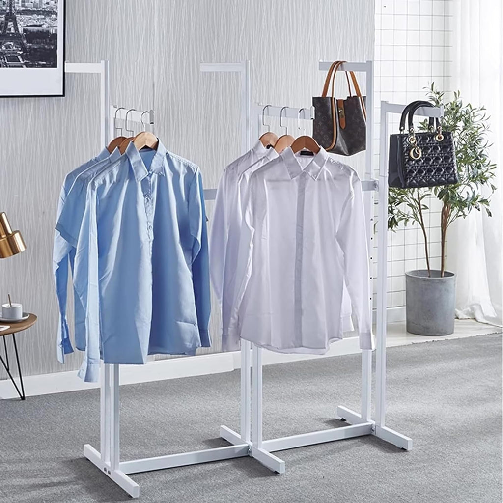 Floor Standing Metal Garment Rack, Heavy Duty Adjustable Lifting Clothes Shelves, Retail Display Hanging Rack with Wheels 6 Arms Clothing Rack Merchandise Display Rack, White