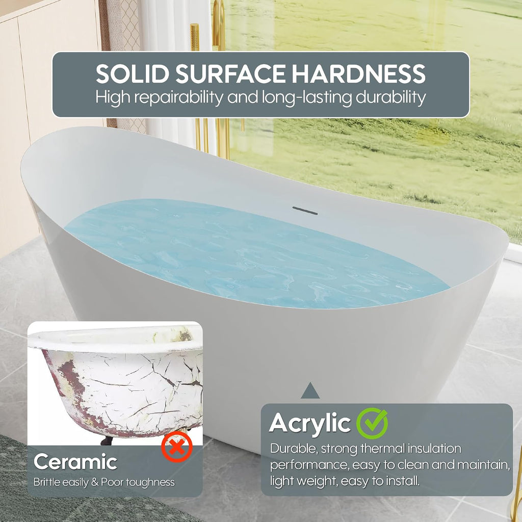 WELLFOR 60' Freestanding Acrylic Bathtub with Drain and Integrated Slotted Overflow, Soaking Bath Tub with Predrilled Overflow Holes, Soaking Bath Tub 56 Gallons Capacity, Glossy White