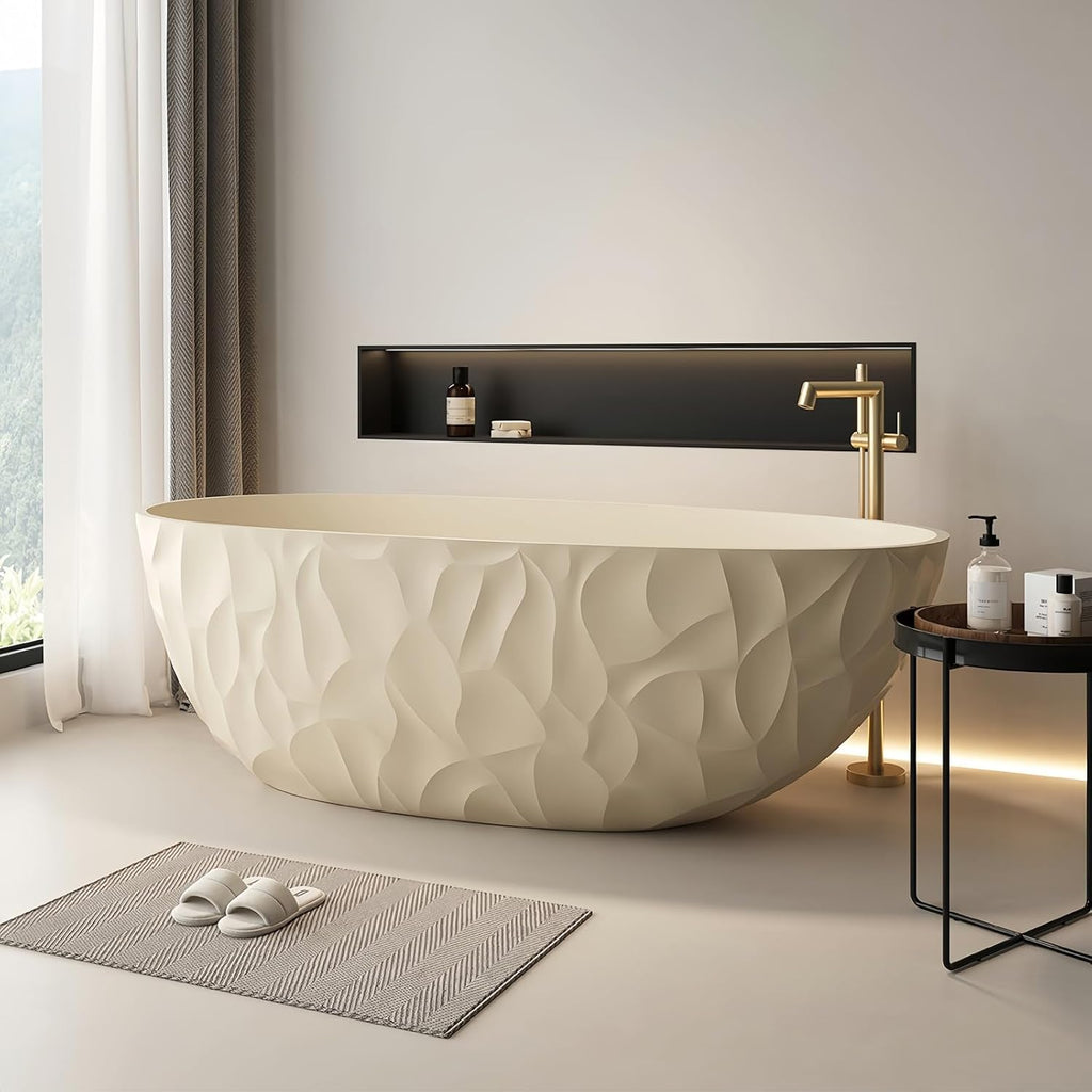 67' Edeyeu Luxury Freestanding Bathtub – Modern Solid Surface Bathtub With Ripple Design, Extra Deep Soaking Tub, Ergonomic Stand Alone Tub For Contemporary Luxury Bathrooms B