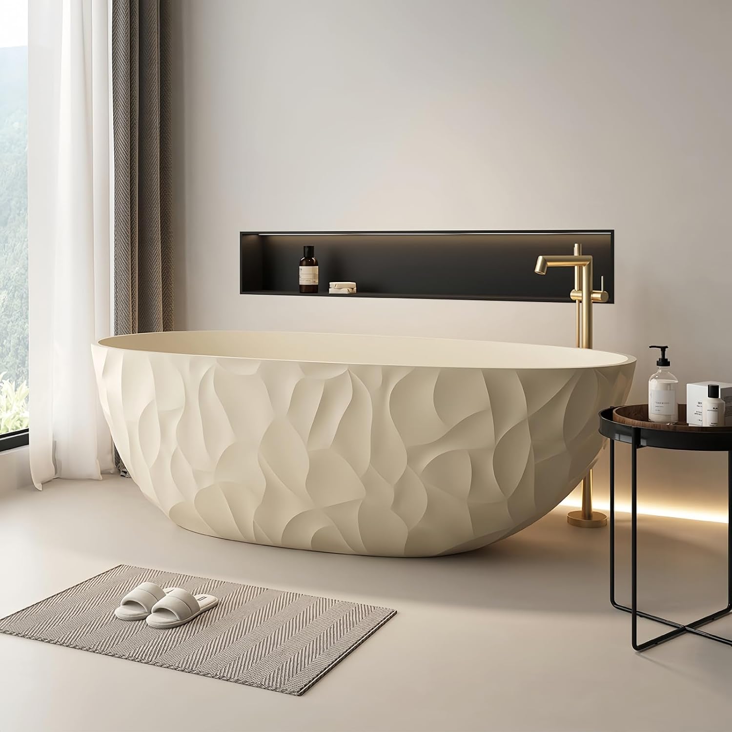67' Edeyeu Luxury Freestanding Bathtub – Modern Solid Surface Bathtub With Ripple Design, Extra Deep Soaking Tub, Ergonomic Stand Alone Tub For Contemporary Luxury Bathrooms B