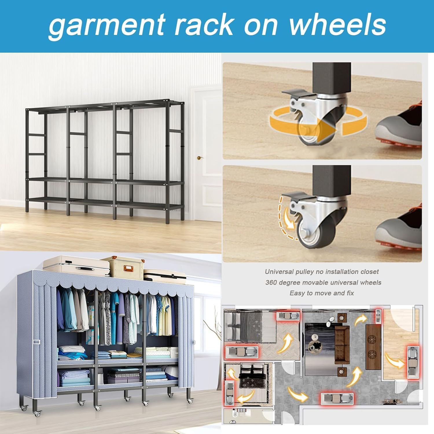 Freestanding Wardrobe Rack with Dust Cover and Wheels,Foldable Heavy-Duty Portable Closet, Multi-Functional Bedroom Clothing Rack,Max Load 1600lbs,for Hanging Clothes (190CM/74.8IN)