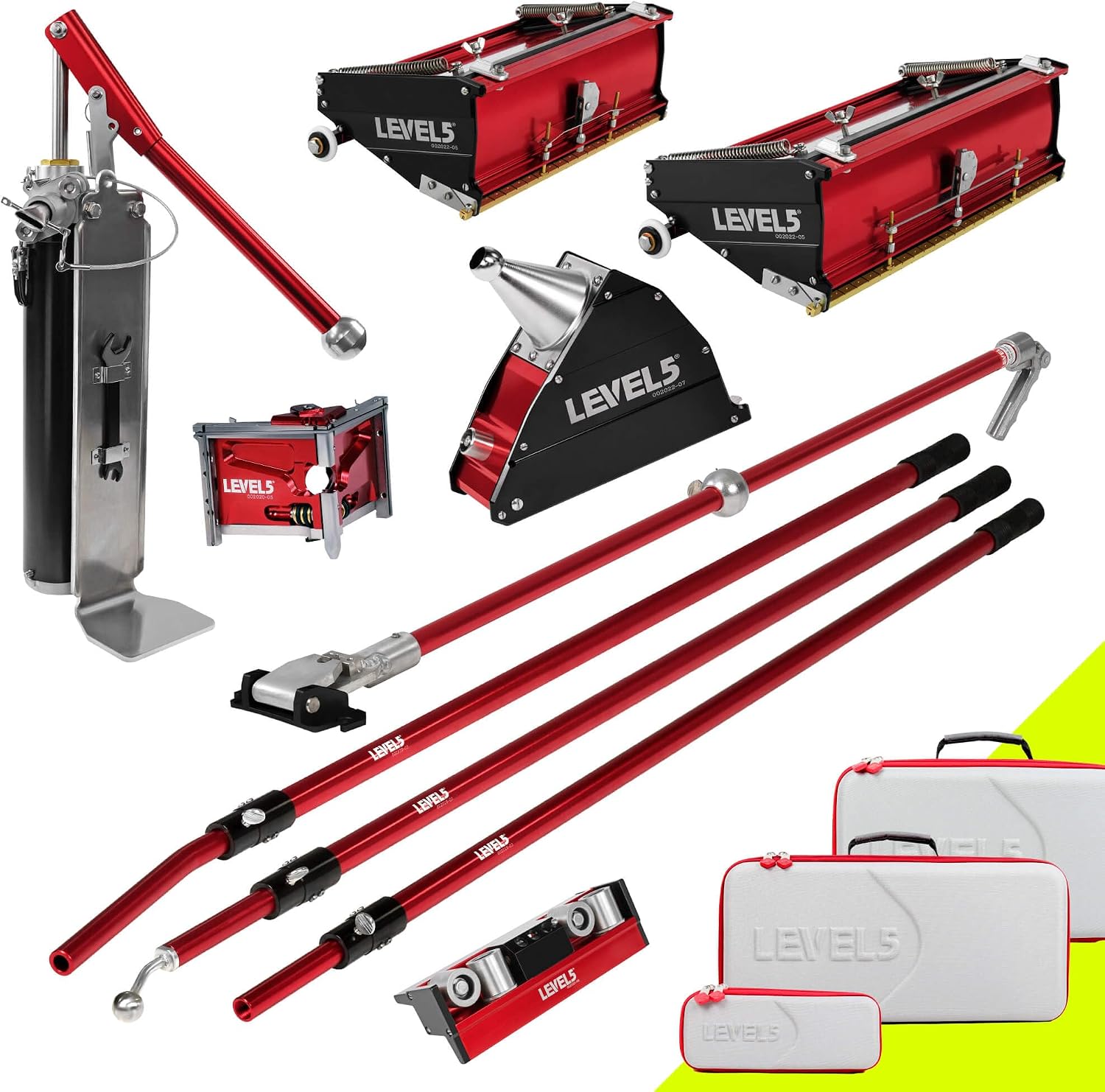 Drywall Finishing Set - LEVEL5 | Pro-Grade | 10/12' Flat Boxes, Corner Roller, 3' Corner Finisher, 7' Corner Applicator, Handles, Compound Pump + Filler | Sheetrock Gyprock Wallboard | 4-602