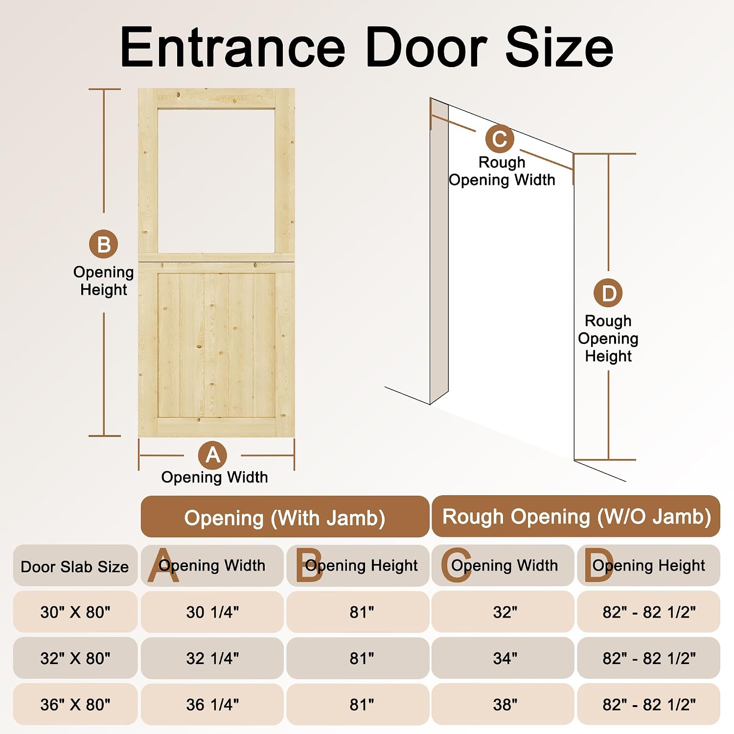 Exterior Dutch Door Slab, 32' x 80', Universal Tempered Clear Glass Split Single Doors, Solid Core Home Door, Natural Pine Wood - with 4 Black Hinges & 1 Latch, Without Jamb