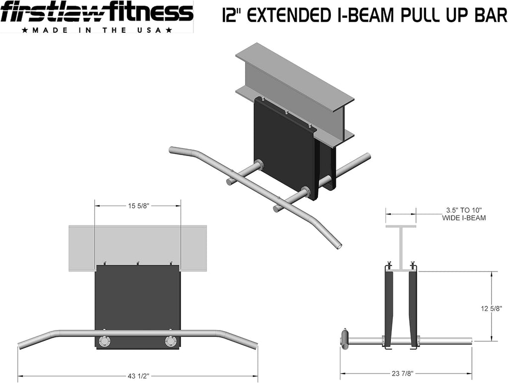 Firstlaw Fitness 600 LBS Limit - 12' Drop I-Beam Pull Up Bar - Bent Bar - Rubber Grips