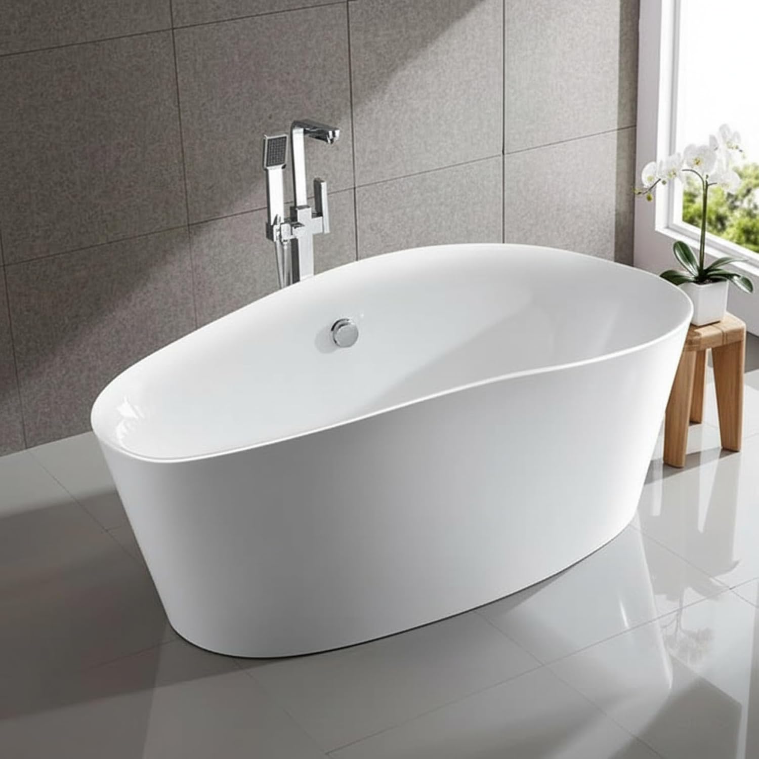 Grasse 67' Freestanding Acrylic Bathtub with Chrome Drain, Glossy White Seamless Soaking Tub, Fiberglass Reinforced with Leveling Legs, 56 Gal Capacity