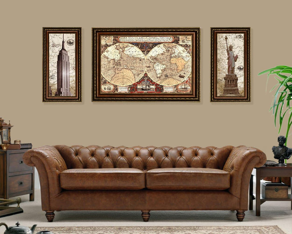 ELITEART- Statue Of Liberty, Empire State Building, Old Vintage World Map Oil Painting Reproduction Giclee Wall Art Canvas Prints-Framed Size：69'x28