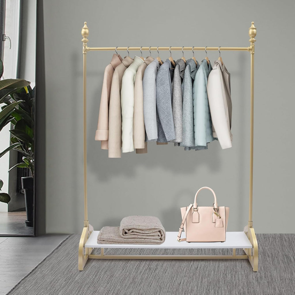 Clothes Rack on wheels, Gold Clothing Rack with Bottom Wood Storage Shelf, Heavy Duty Metal Frame Pipe Industrial Rolling Garment Rack for Hanging Clothes, Coats, 47' L x 16' W x 67' H