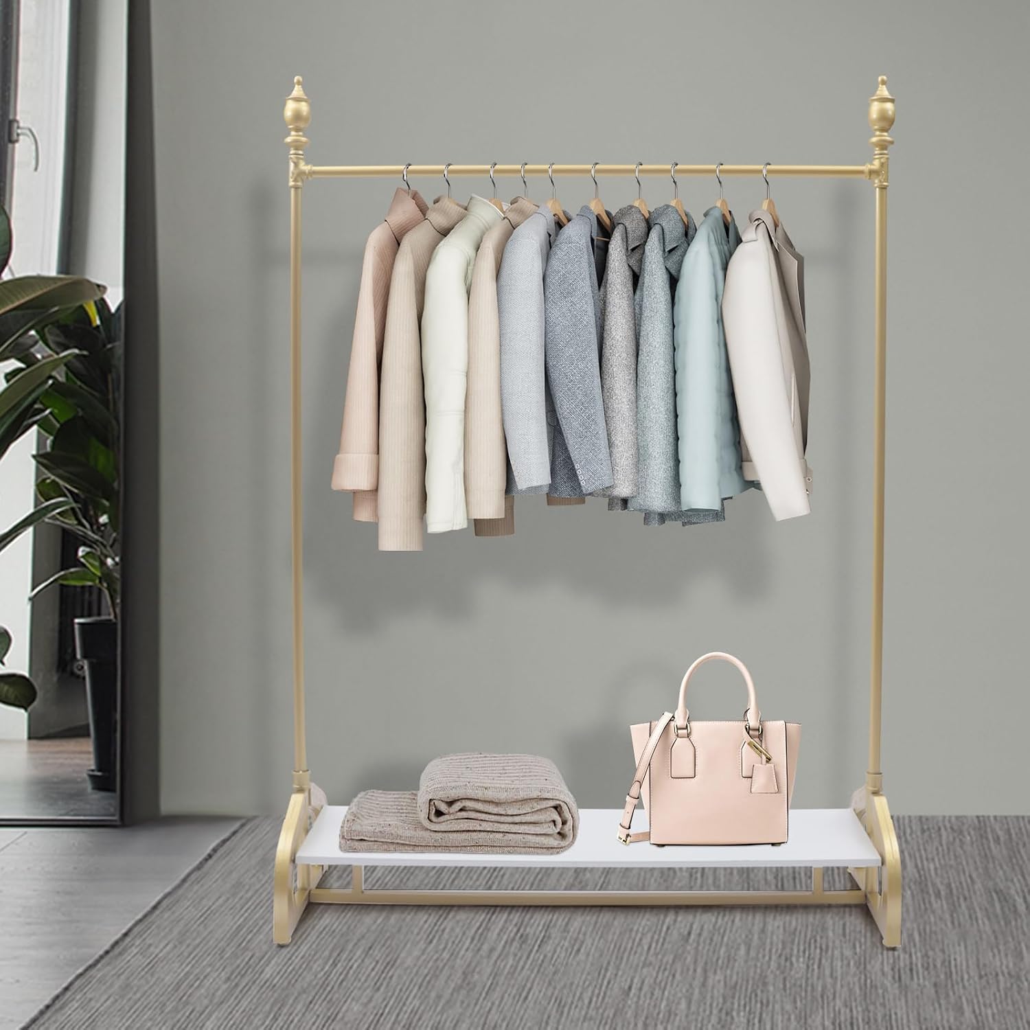 Clothes Rack on wheels, Gold Clothing Rack with Bottom Wood Storage Shelf, Heavy Duty Metal Frame Pipe Industrial Rolling Garment Rack for Hanging Clothes, Coats, 47' L x 16' W x 67' H
