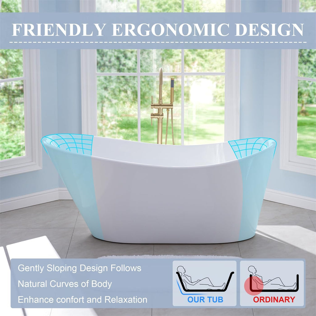 WELLFOR 67' Freestanding Bathtub, 71 Gallons Capacity, Acylic Soaking Bath Tub with Chrome Bathtub Drain and Groove Overflow, Freestanding Soaking Tub Sutiable for 1 Person, Glossy White