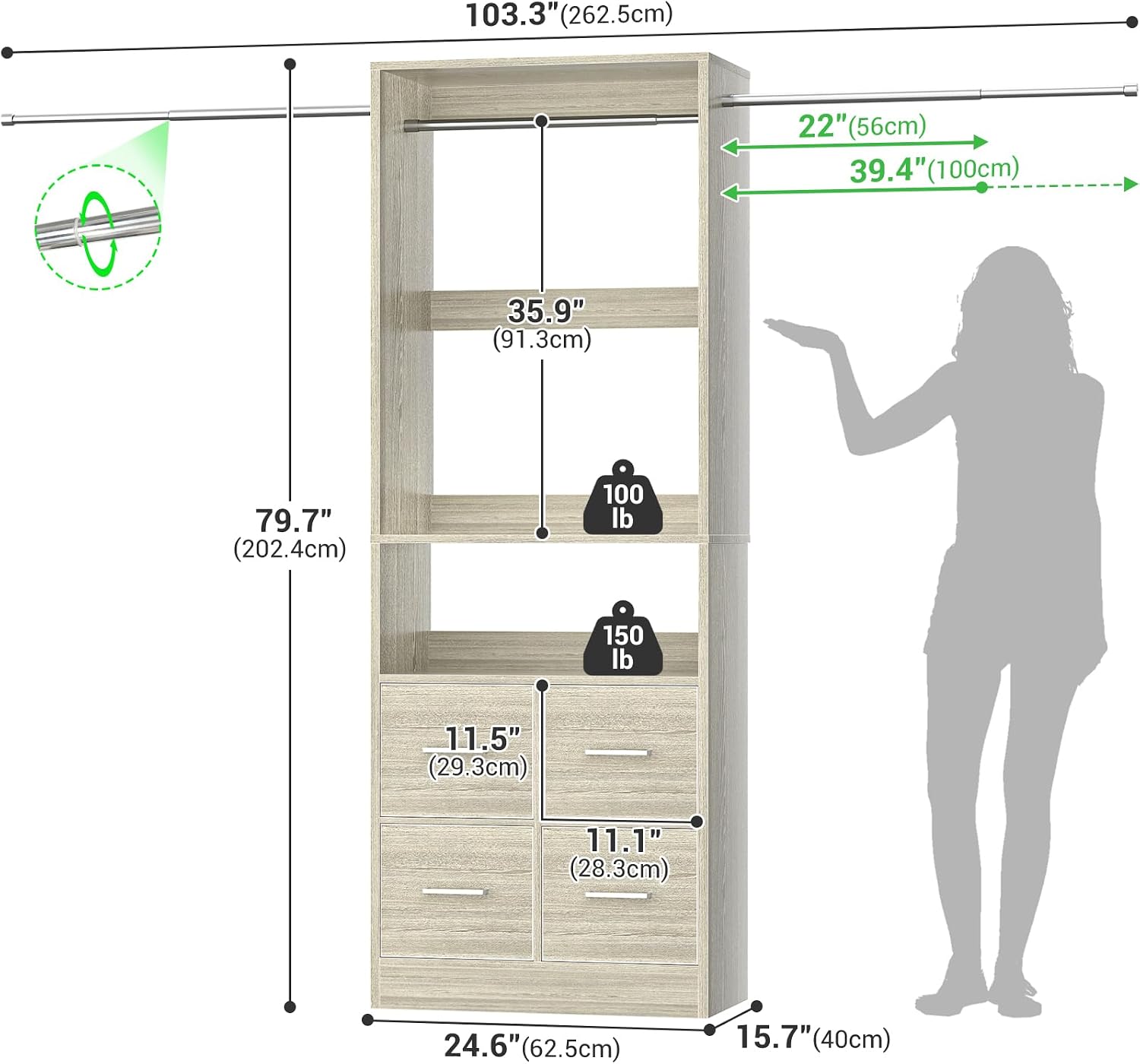 8FT Closet System, 96 Inch Closet Organizer System with 4 Fabric drawers, Heavy Duty Clothing Rack with Hanging Rods, Walk In Mounted Closet System, Built-In Clothes Garment Rack, Oak