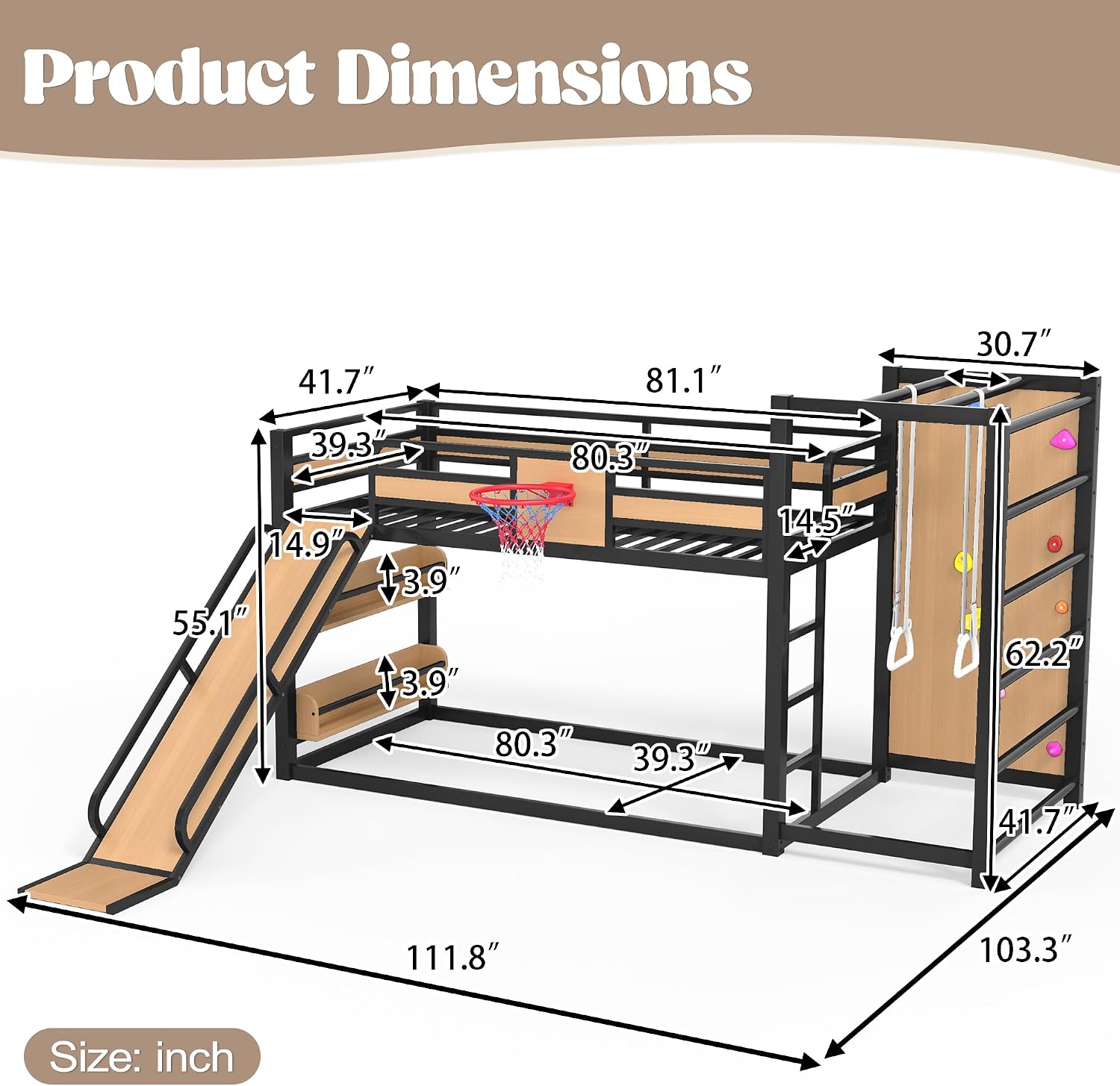 Bellemave Metal Twin XL Over Twin XL Bunk Bed Frame with Slide,Floor Bunk Bed and Basketball Hoop,Pull-up Rings and Climbing Wall,Heavy Duty Bunk Beds with Bookshelves for Kids Girls Boys,Natural