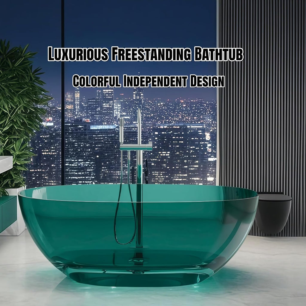 55' Edeyeu Freestanding Bathtub - Luxury Natural Resin Solid Surface Bathtub, Crystal Translucent Extra Deep Soaking Tub, High-End Stand Alone Free Standing Tub For Modern Bathroom Design Orange A