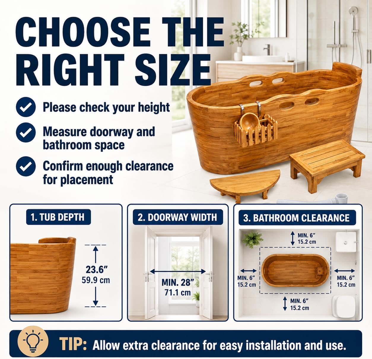 Large Wooden Bathtub Japanese Style Freestanding Oak Soaking Tub with Accessories for Adults, Home Spa and Deep Soaking Experience (wooden color, 43.3')