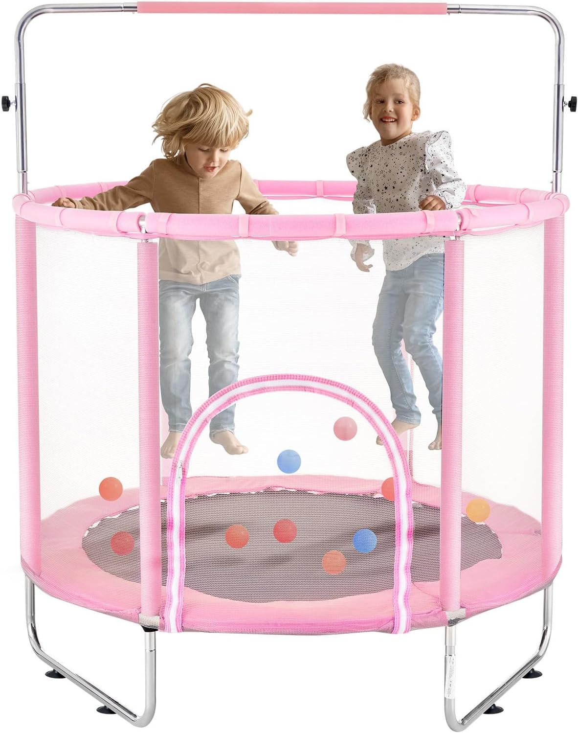Happybuy 55' Kids Trampoline, 4.6FT Indoor Outdoor Trampoline, Mini Toddler Recreational Trampoline with Safety Enclosure Net and Basketball Hoop, Pink