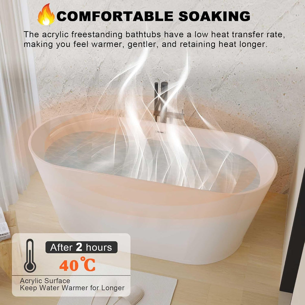 Acrylic Freestanding Soaking Bathtub with Toe-Tap Chrome Drain, Oval Stand Alone Tub, Ergonomic Soaking Tub (59')