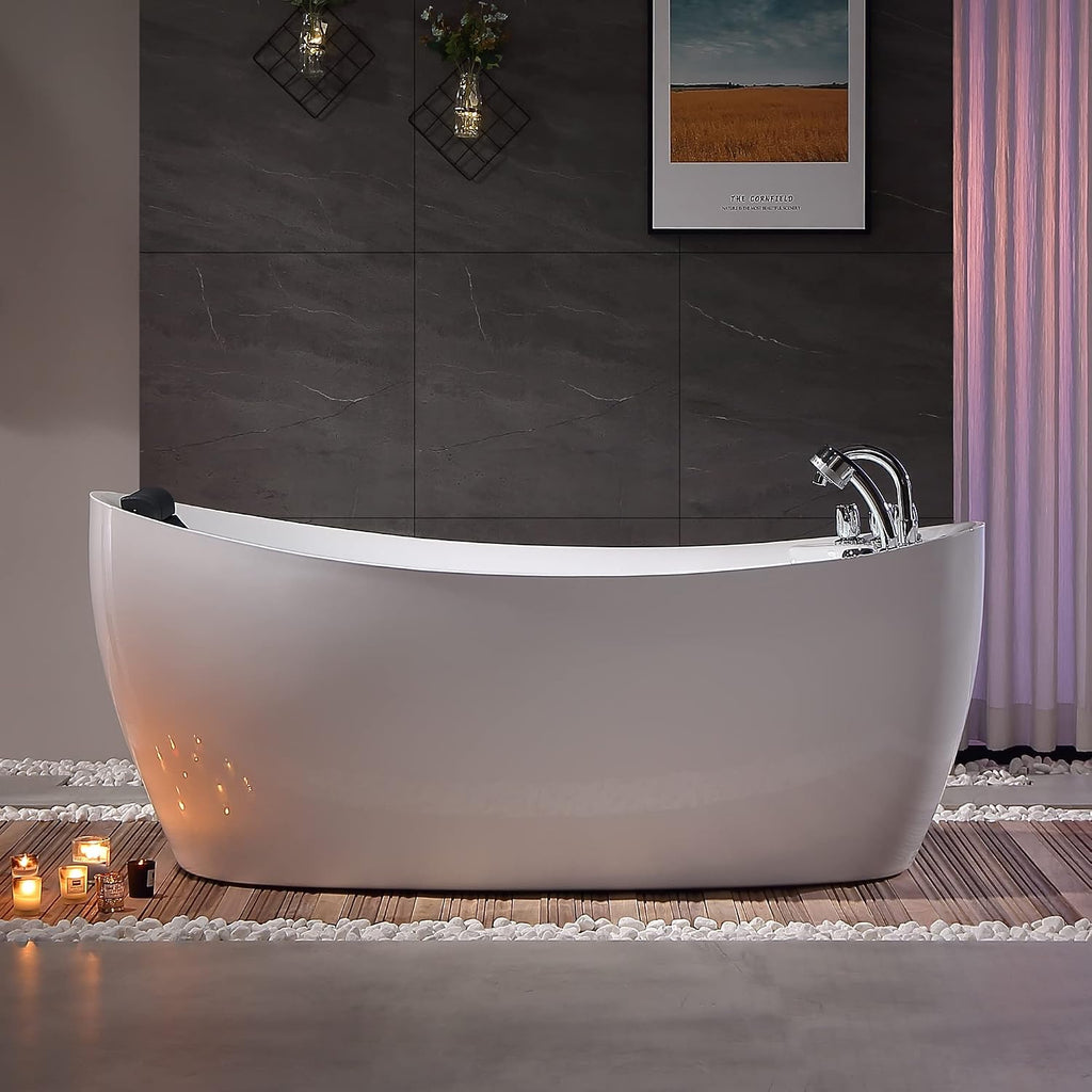 Empava 67 in. Acrylic Freestanding Tub Hydromassage Gracefully Oval Shaped Whirlpool 7 Water Jets Soaking SPA, Single-Ended Massage Bathtub with Pillow , White