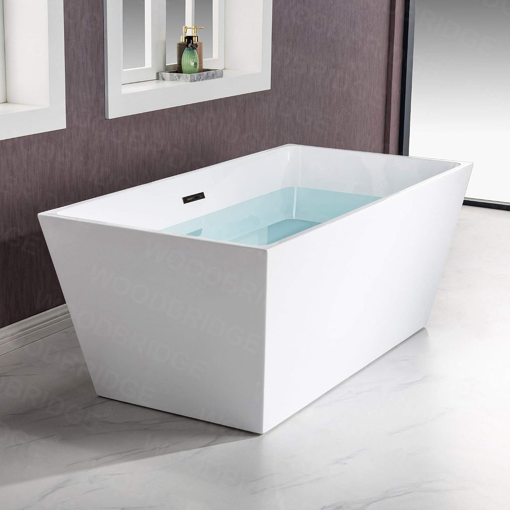 WOODBRIDGE 59' Acrylic Freestanding Bathtub Contemporary Soaking White Tub with Matte Black Overflow and Drain，BTA1412-MB-Drain&O