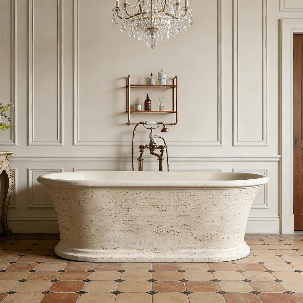 67' Edeyeu Freestanding Bathtub - Solid Surface Bathtub Soaking Tub With Natural Rock Texture Finish, Extra Deep Stand Alone Tub, Ergonomic Free Standing Spa Design, Beige