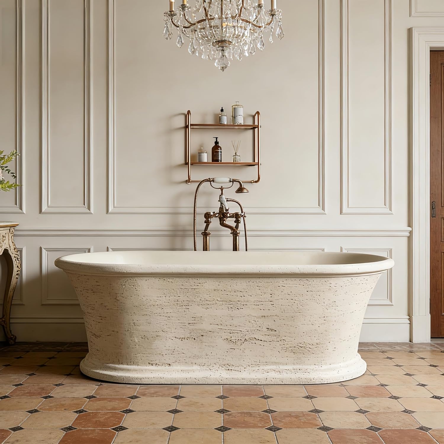 67' Edeyeu Freestanding Bathtub - Solid Surface Bathtub Soaking Tub With Natural Rock Texture Finish, Extra Deep Stand Alone Tub, Ergonomic Free Standing Spa Design, Beige