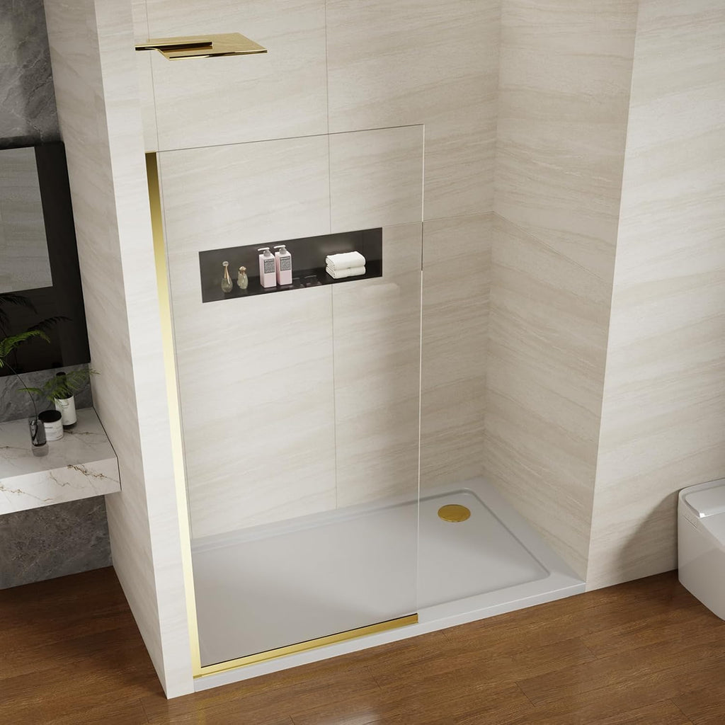 Shower Screen 34' x 74' Half Frameless Shower Wall Panel, Tempered Glass 3/8 inch, Easy to clean Coating, Fixed Glass Shower Door with Hardware (Brushed Gold)