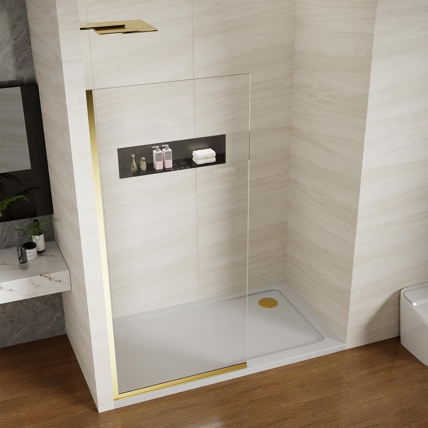 Shower Screen 34' x 74' Half Frameless Shower Wall Panel, Tempered Glass 3/8 inch, Easy to clean Coating, Fixed Glass Shower Door with Hardware (Brushed Gold)