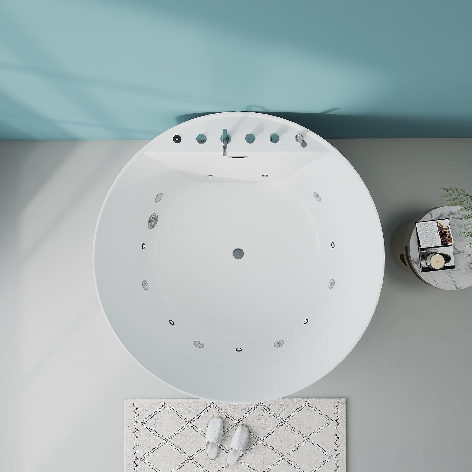 Premium 47' X 47' Freestanding Whirlpool Acrylic Bathtub with Overflow and Drain, Round White Free Standing Tub With Faucet, Chromatherapy LED Lights