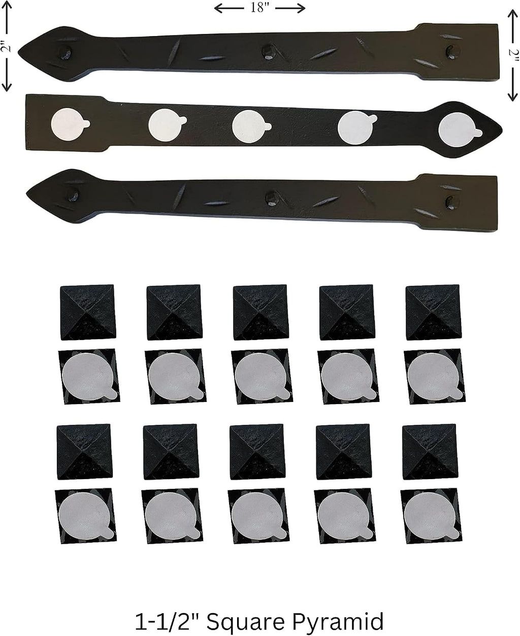 The Rustic Express - Self Adhesive 3 Iron Straps 18' & 20 Square Pyramid Clavos 1-1/2' - Decorative Hinges & Clavos for Farm, Fiberglass, Metal, Wooden Gate Hinge and Garage Door Hardware - Black