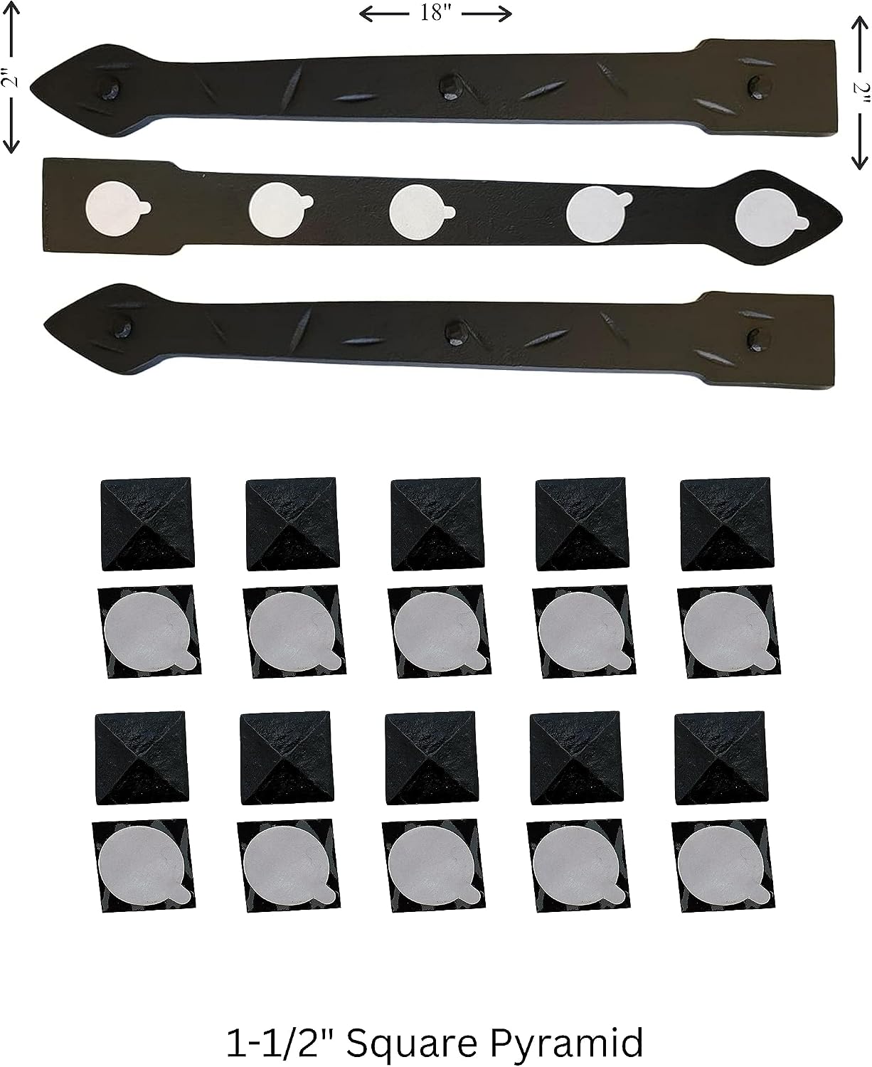 The Rustic Express - Self Adhesive 3 Iron Straps 18' & 20 Square Pyramid Clavos 1-1/2' - Decorative Hinges & Clavos for Farm, Fiberglass, Metal, Wooden Gate Hinge and Garage Door Hardware - Black