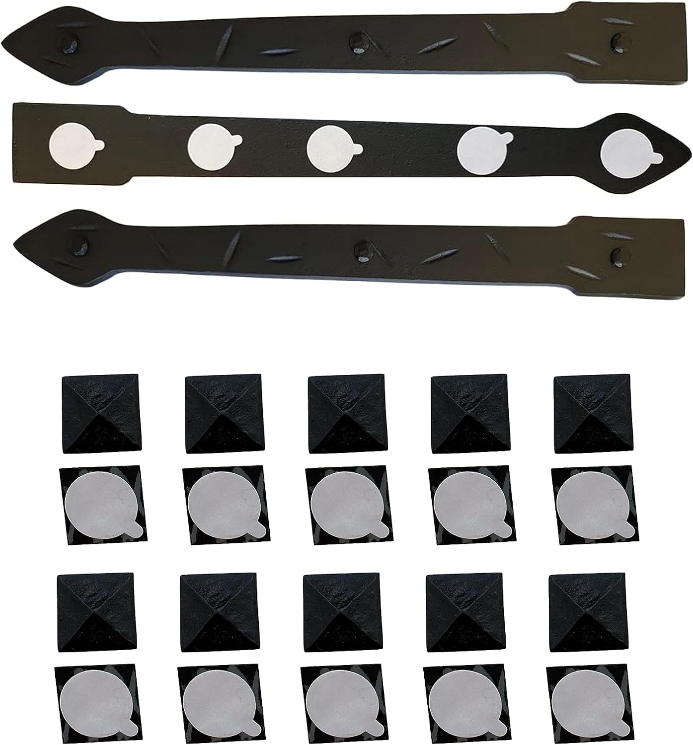 The Rustic Express - Self Adhesive 3 Iron Straps 18' & 20 Square Pyramid Clavos 1-1/2' - Decorative Hinges & Clavos for Farm, Fiberglass, Metal, Wooden Gate Hinge and Garage Door Hardware - Black