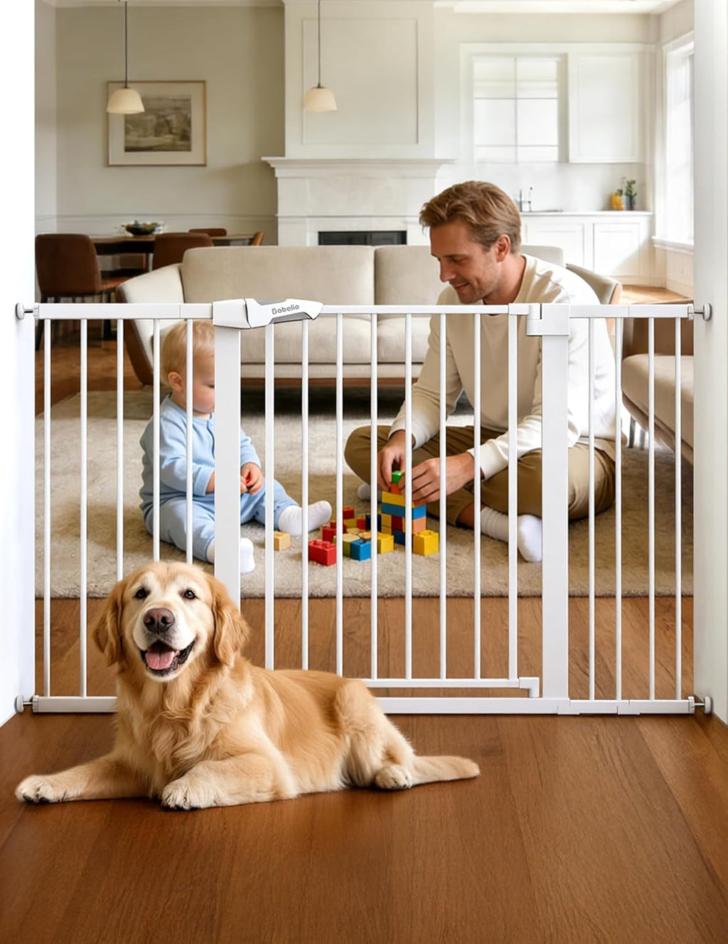 Babelio 36' Tall Baby Gate, PressGuard P7, 29-55' Auto Close Pressure Mounted Dog Gate for Doorways & Hallway, Basics Easy Walk Thru Pet Gate, Extra Wide Metal Child Gate, White