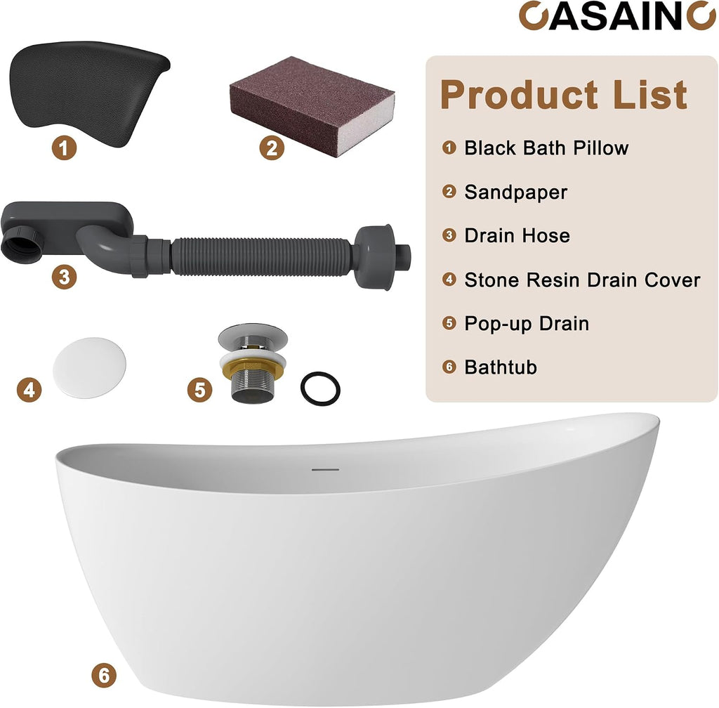 CASAINC 59'' Resin Stone Freestanding Bathtub with Pillow, Matte White Free Standing Bathtub Contemporary Soaking Stand Alone Tub, Overflow & Pop-up Drain, Drain Hose & Sanding Paper