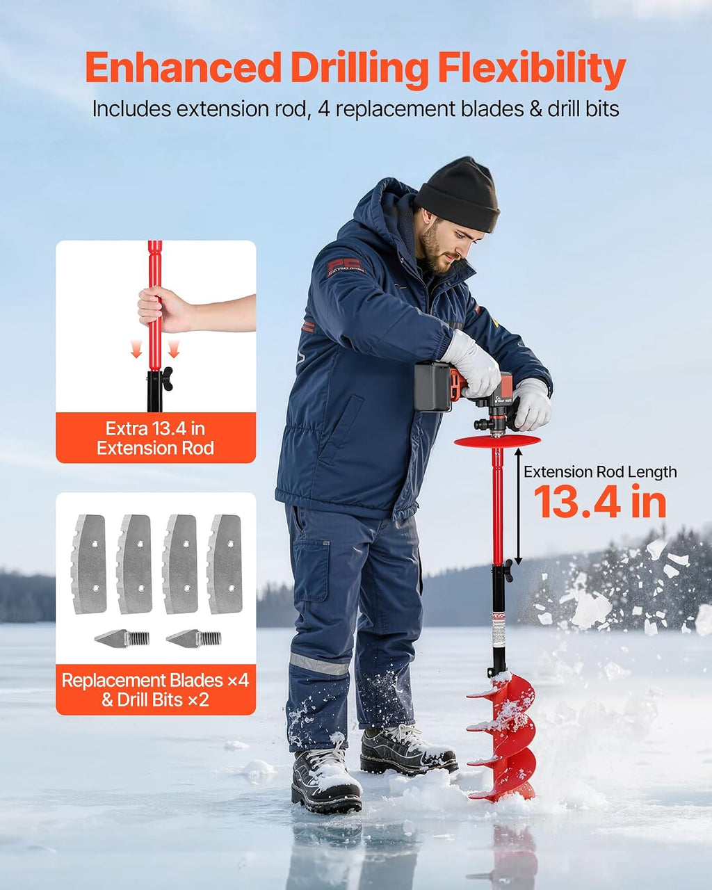 VEVOR Nylon Ice Auger Drill Bit, 8' Diameter 41' Length, Cordless Ice Augers for Ice Fishing with Extra 13.4in Extension Rod, Drill Adapter, Top Plate and Blade Guard
