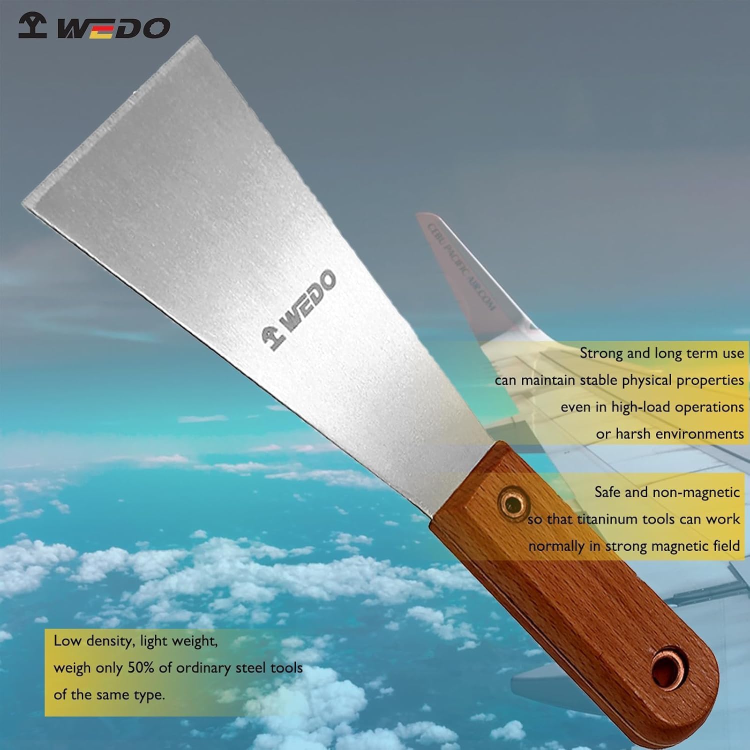 WEDO Titanium Putty Knife 2'(50mm), Long Wood Handle, Non-Magnetic Drywall/Spackle/Taping Knife, Length 8'(200mm), Paint & Wallpaper Scraper for Drywall Repair and Wallpaper Removal
