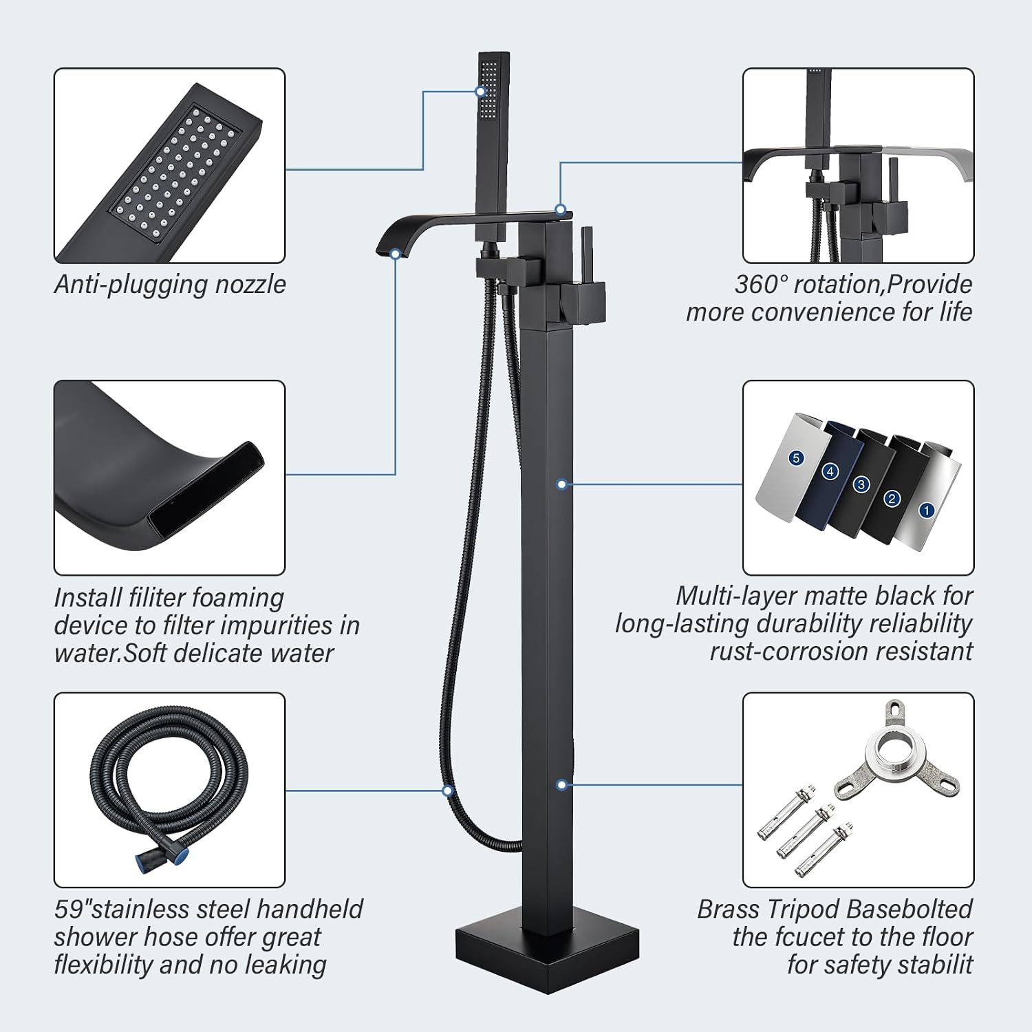 Freestanding Bathtub Faucet Matte Black Floor Mounted Tub Filler with Hand Shower Brass High Flow 360 Degree Swivel Standing Spout Mixer Taps