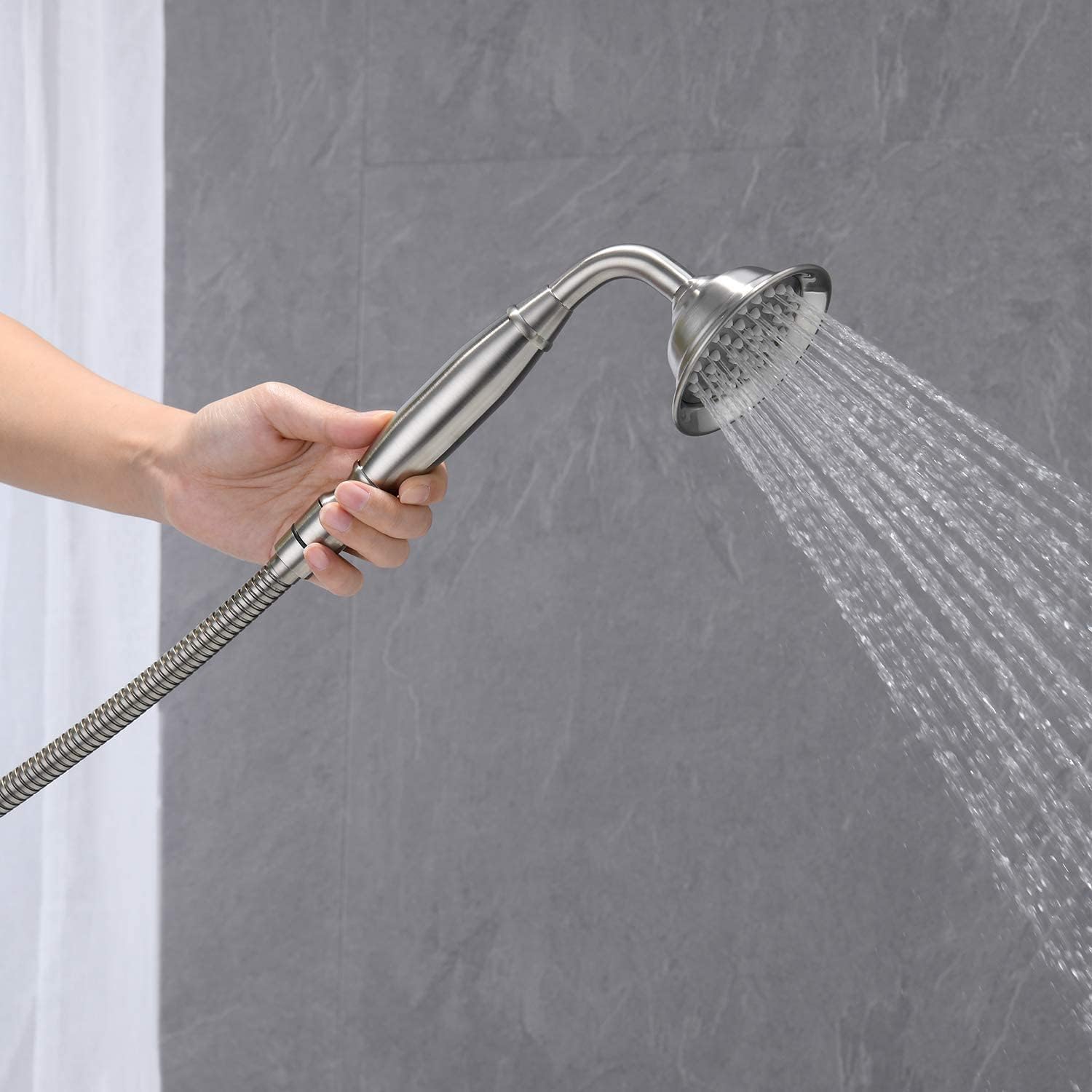 Gecheer Freestanding Tub Filler Faucet with Handheld Shower, Brushed Nickel Floor-Mount Bathtub Faucet, 360° Gooseneck Spout, 6 GPM Flow Rate, Includes 59' Stainless Steel Hose