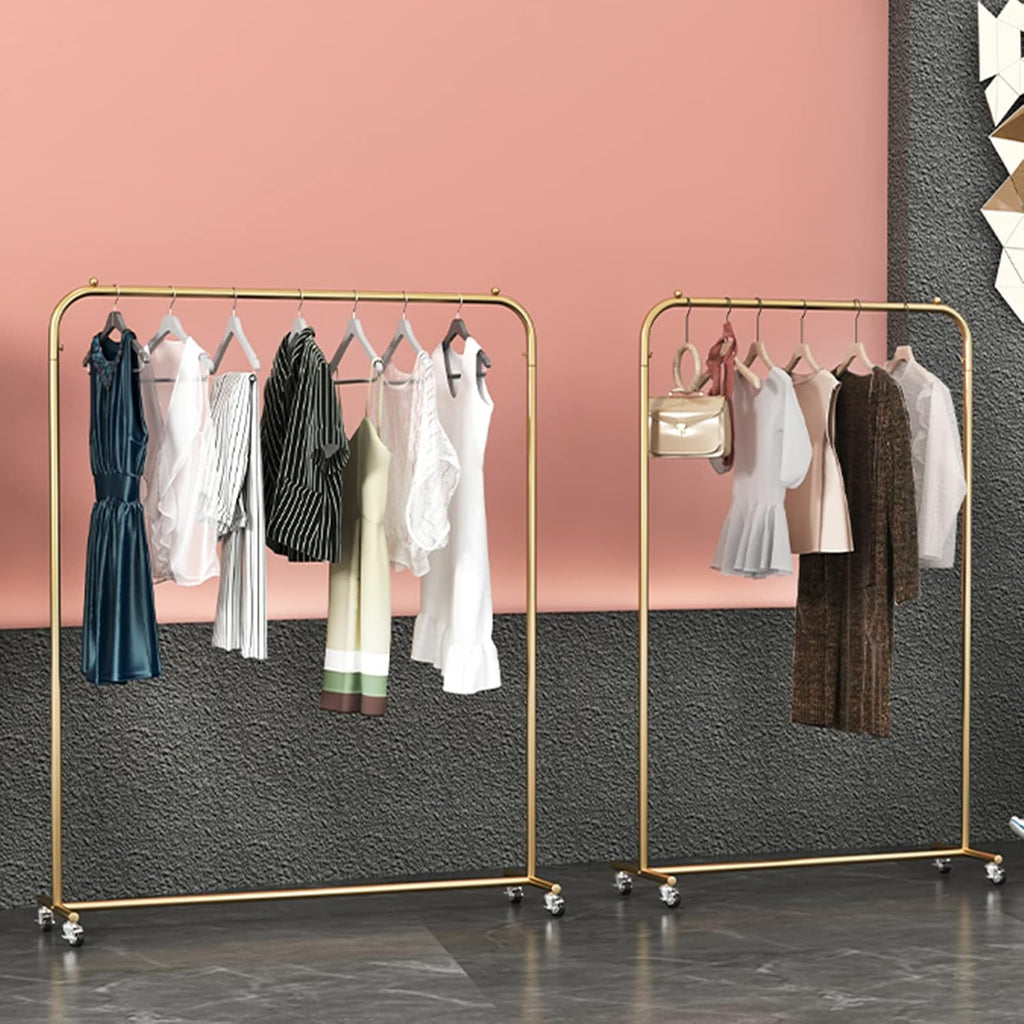 Heavy Duty Coat Rack, Garment Rack Nordic Wrought Iron Clothes Rail On Wheels Clothing Store Display Rack Heavy Duty Metal Clothing Rack for Hanging Clothes Bedroom Single Rail Coat Rack, Gold (150X