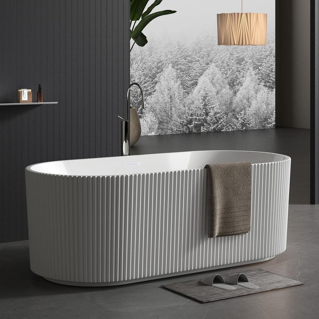 59' Modern Freestanding Bathtub,V Shape Freestanding Soaking Acrylic Bathtub,Unique Design Pleated Tub with Chrome Drain and Classic Slotted Overflow,Cupc Certified,Gloss White