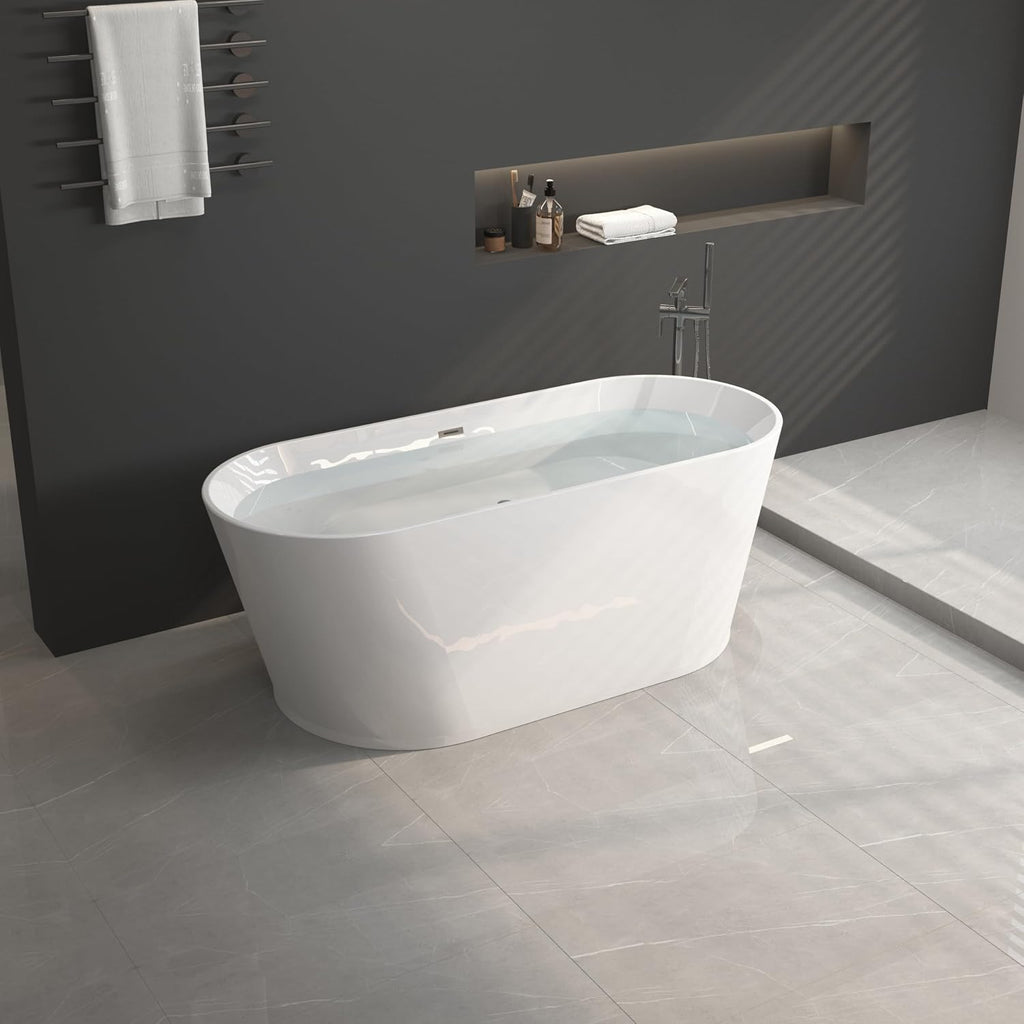 59' Acrylic Freestanding Bathtub-Acrylic Soaking Tubs, White Bathtub, Oval Shape Black Freestanding Bathtub with Chrome Overflow and Pop Up Drain