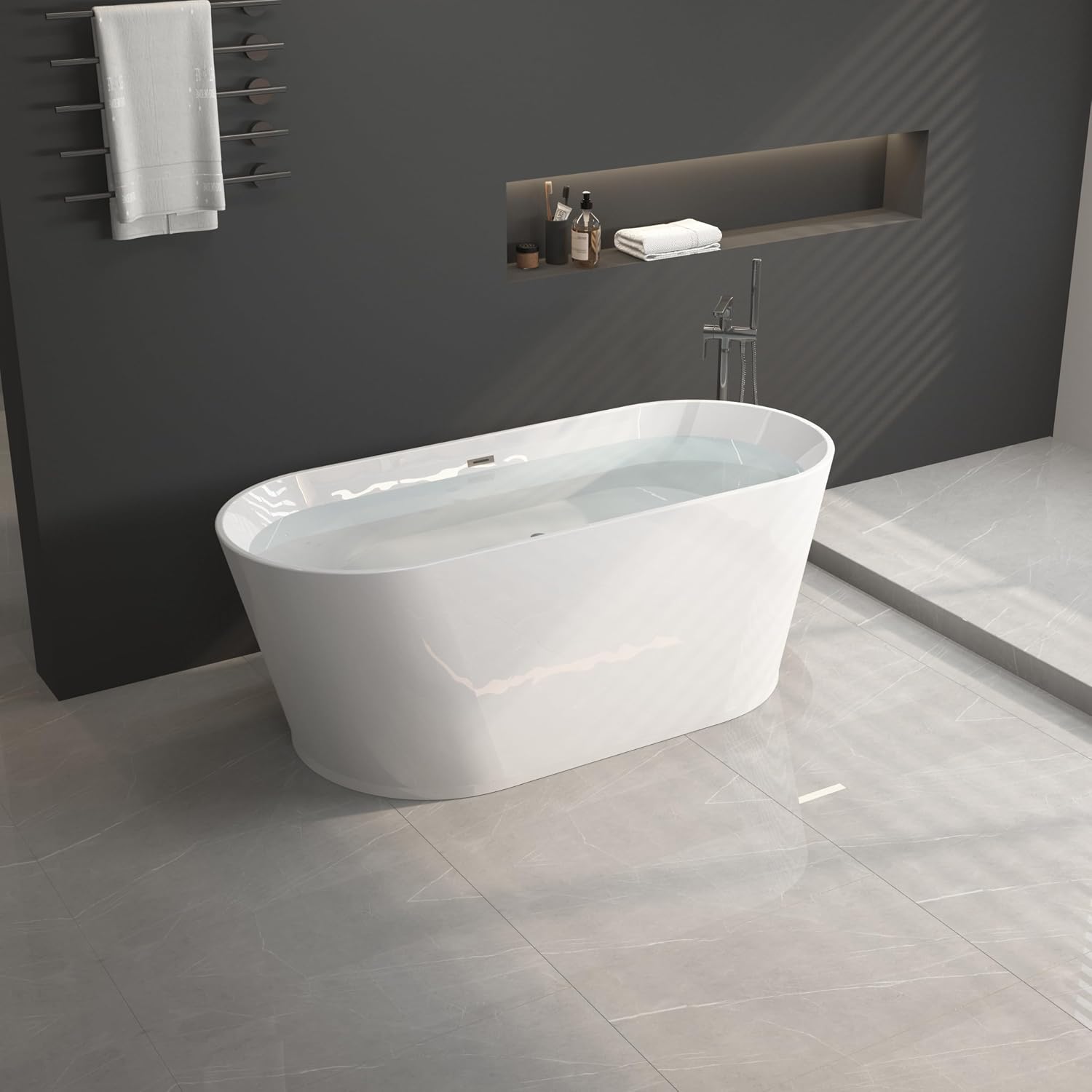 59' Acrylic Freestanding Bathtub, Stand Alone Tub,cUPC Certified, Chrome Drain & Overflow,Gloss White Finish (White, 59 Inch)