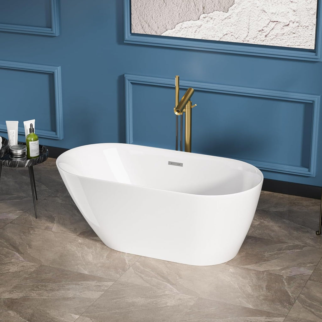 Sarlai 59 Inch Acrylic Freestanding Soaking Bathtub Contemporary Soaking White Tub Stand Alone Ergonomic Bathtub with Chrome Drain and Overflow