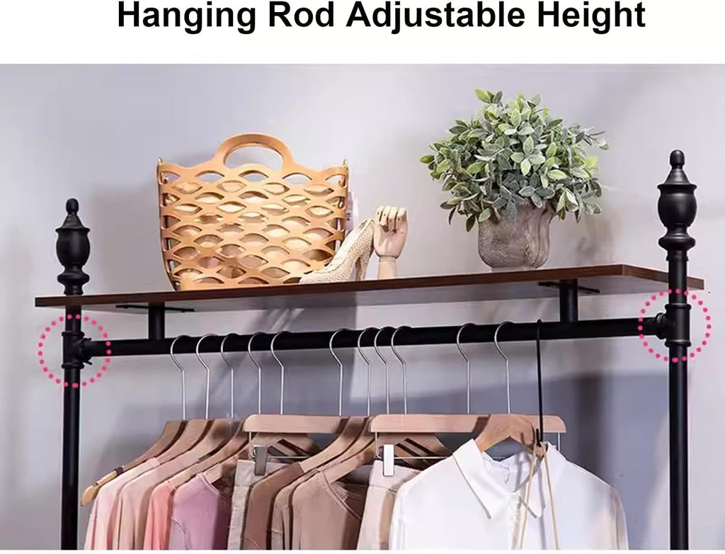 Garment Rack Heavy Duty Clothing Rack with 2 Tier Wooden Shelves, Black Metal Clothes Rack for Bedroom and Clothing Store, Adjustable Height Hanging Rod, Easy to Assemble Coat Rack