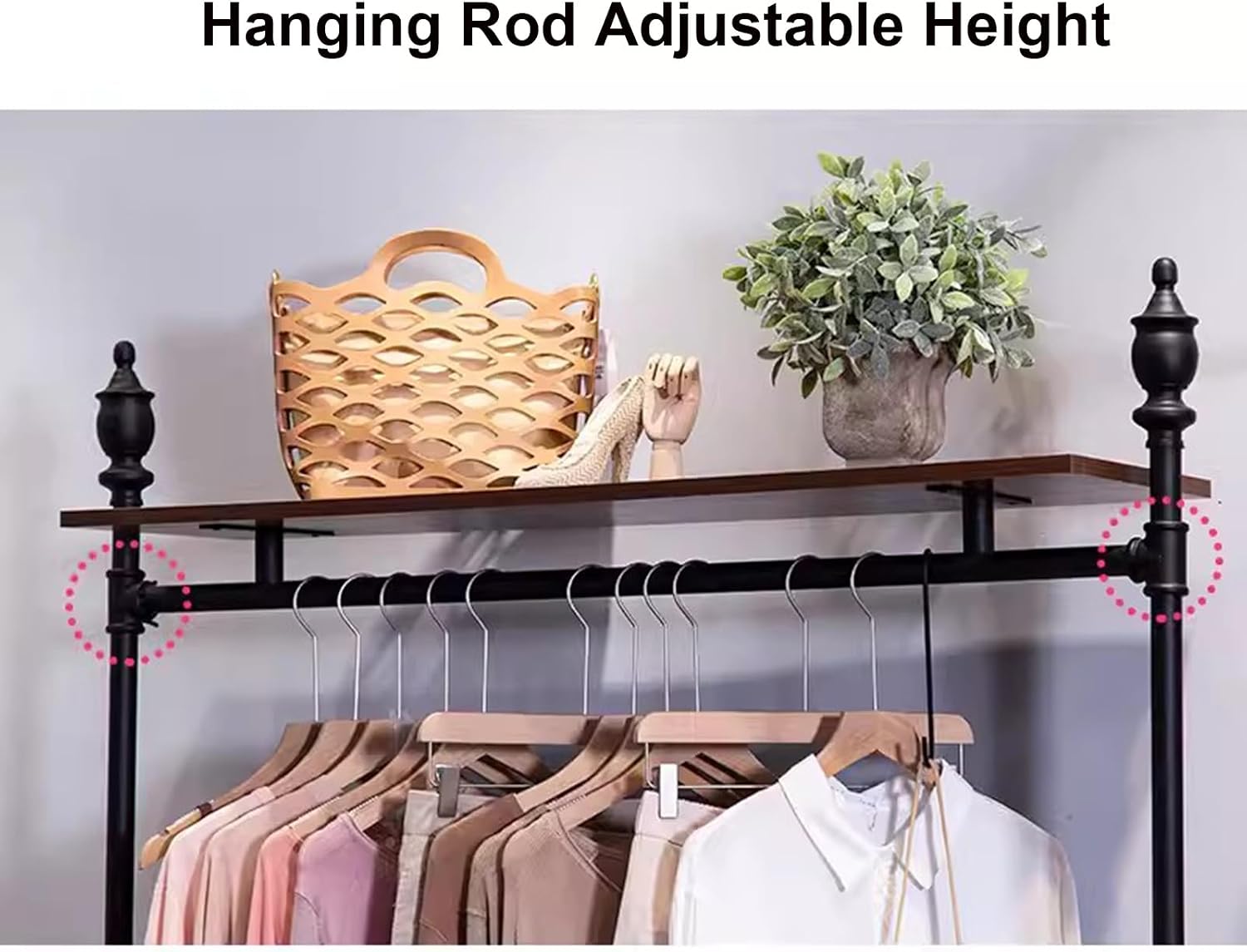Garment Rack Heavy Duty Clothing Rack with 2 Tier Wooden Shelves, Black Metal Clothes Rack for Bedroom and Clothing Store, Adjustable Height Hanging Rod, Easy to Assemble Coat Rack