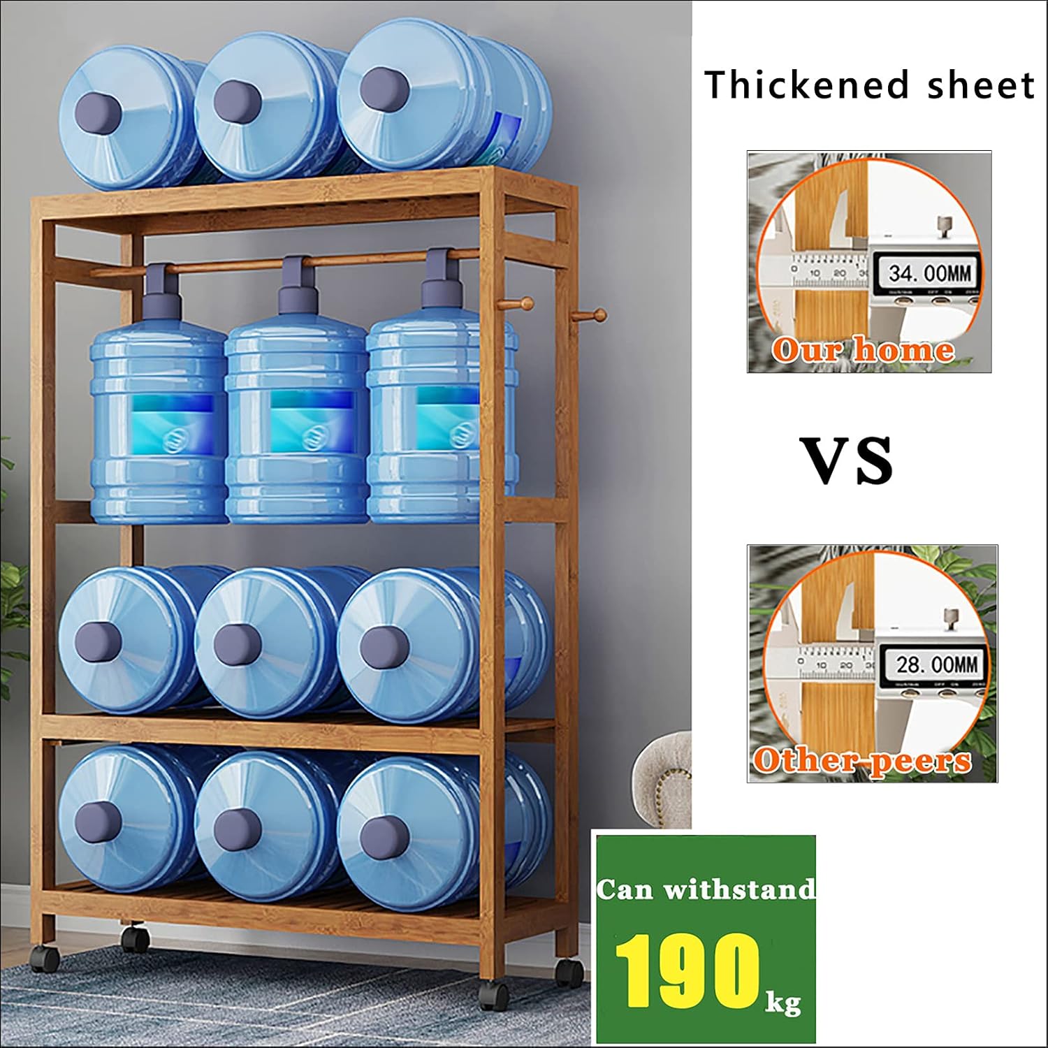 Bamboo Clothes Rack,2-Tier Storage Shelves Clothes Hanging Rack, with Wheels 4 Hooks,for Shirts Bags Scarves Pants Shoes Storage Boxes