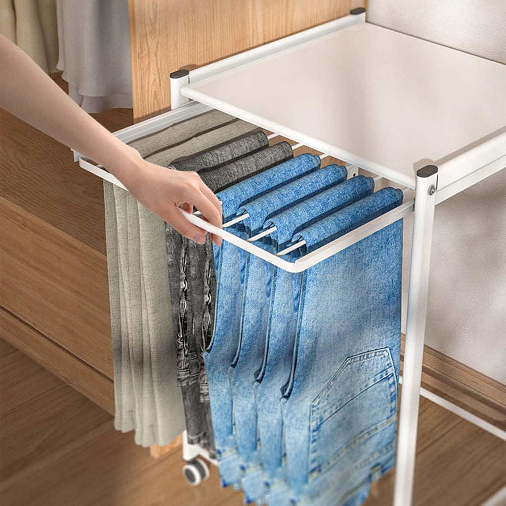 Display Stand Pants Hangers Rolling Trolley Trousers Rack, Jeans Hangers Metal Scarves Rack Clothing Closet Organizer Shelf, Multipurpose Blanket Rack (Beech Color-L46.5*W41.5*H73.7 CM -A