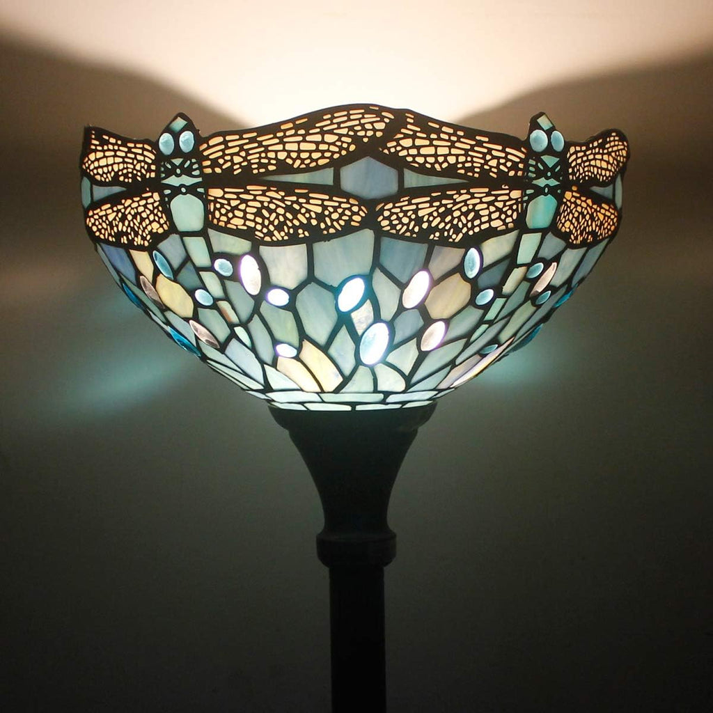 WERFACTORY Tiffany Floor Lamp Sea Blue Stained Glass Dragonfly Light 12X12X71 Inches Pole Torchiere Standing Corner Torch Uplight Decor Bedroom Living Room Home Office S147 Series